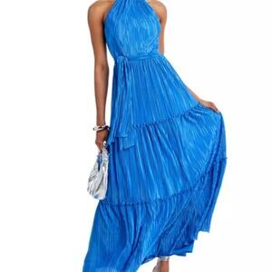 Aqua Vibrant Blue Pleated Maxi Dress